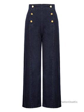 High Waisted Wide Leg Sailor Jeans Button Front Stretch